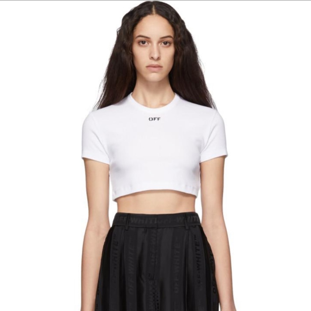 Off White Cropped Cotton Top Logo Print T Shirt Fitted Tee Size 38 S